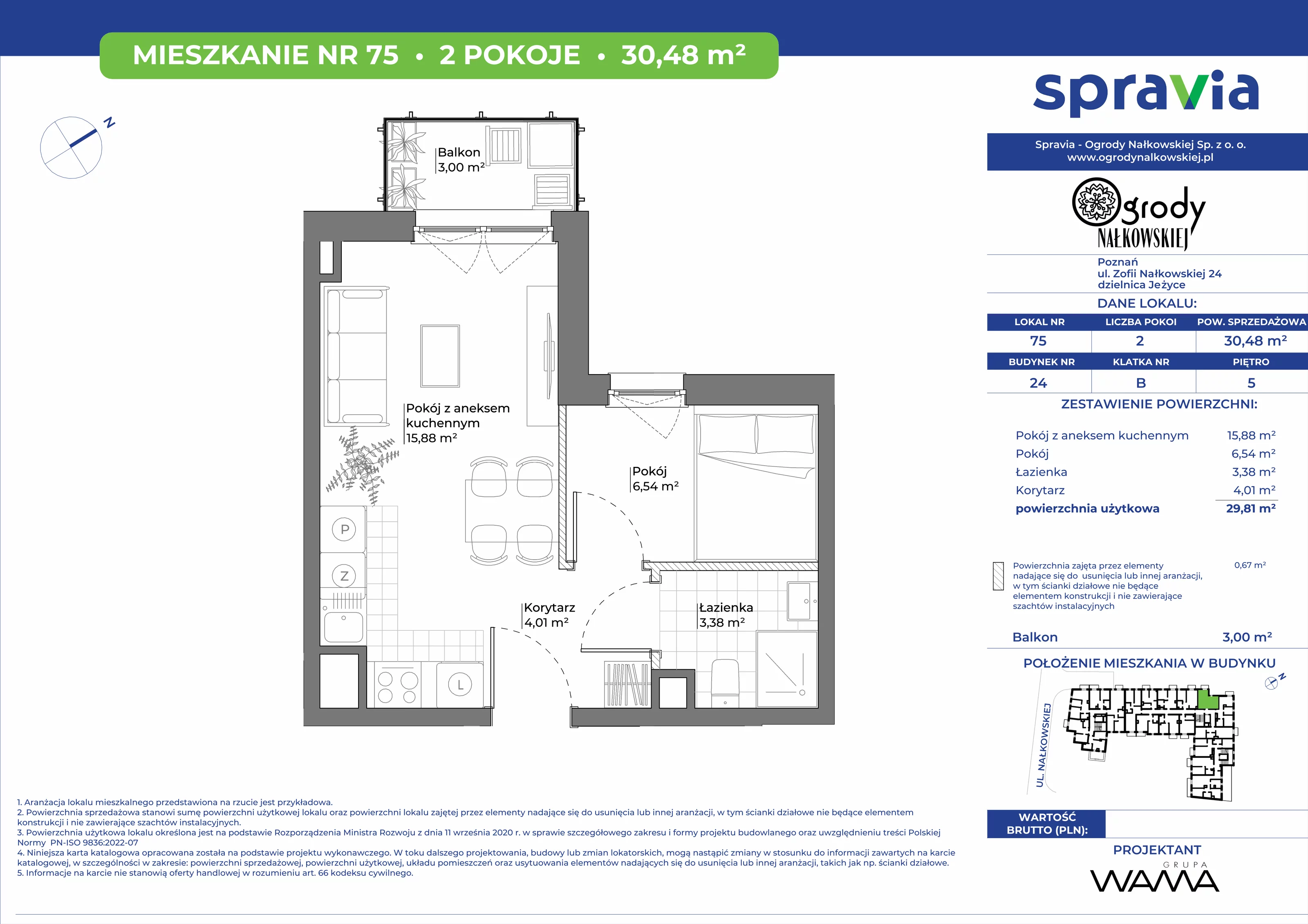 2 pokoje, mieszkanie 30,48 m², piętro 5, oferta nr 24-75, Ogrody Nałkowskiej, Poznań, Ogrody, ul. Nałkowskiej 24, 26